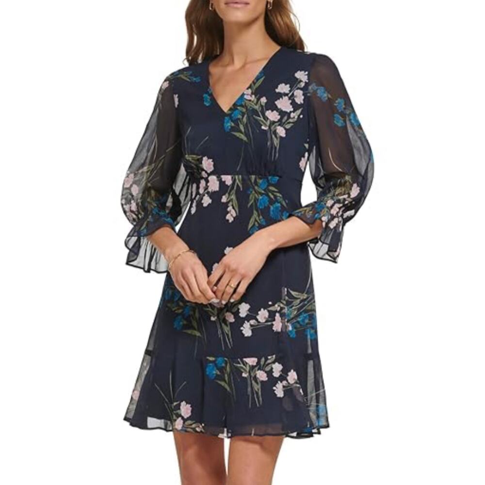 DKNY Navy Blue Babydoll Mini Dress Balloon Sleeves Ruffle Hems Women’s Petite 4P